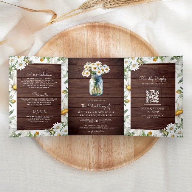 Rustic Wood Daisies Mason Jar QR Code Wedding Tri-Fold Invitation (Creator Uploaded)