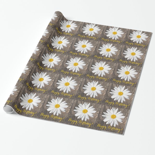 Rustic Wood, Daisy Happy Birthday! Wrapping Paper (Unrolled)