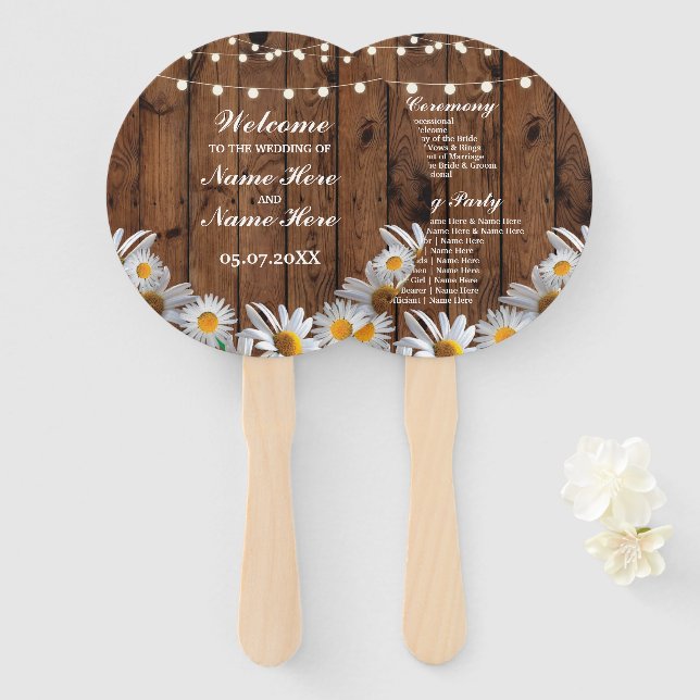 Rustic Wood Daisy Wedding Programme Hand Fan (Front and Back)