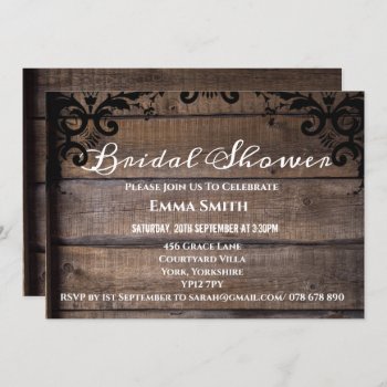 Rustic Wood Damask Floral Bridal Shower Invitation by BeautifulProducts at Zazzle