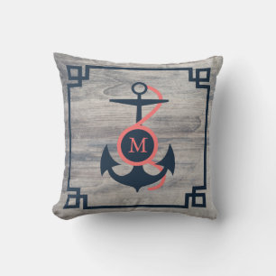 Rustic Wood & Dark Blue & Coral Boat Anchor Outdoor Pillow