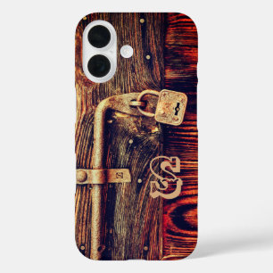 Rustic wood dark brown antique brass lock iPhone 16 case