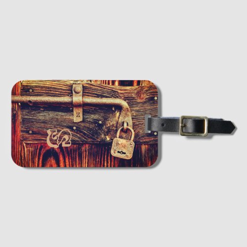 Rustic wood dark brown antique brass lock luggage tag