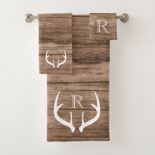 Rustic Wood Dear Antlers Custom Monogram Bath Towel Set