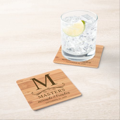 Rustic Wood Decor Initial Personalized Square Paper Coaster