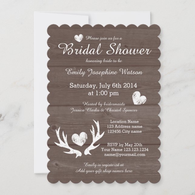 Rustic wood deer antler bridal shower invitations (Front)