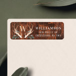 Rustic Wood Deer Antler & Greenery Family Monogram Label<br><div class="desc">Celebrate the magical and festive holiday season with our custom holiday label designs. Our modern holiday design features dark brown woodgrain texture background with faux metal deer antlers and sage green leaves monogram crest design. Personalize with last name, initial and year. All illustrations contained in this festive rustic woodgrain greenery...</div>
