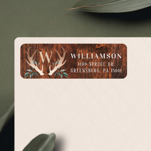 Rustic Wood Deer Antler & Greenery Family Monogram Label