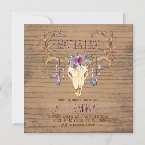 Rustic Wood Deer Antler Skull Southwestern Wedding Invitation