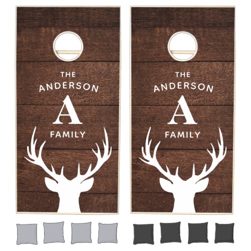 Rustic Wood Deer Antlers Family Monogram  Name Cornhole Set