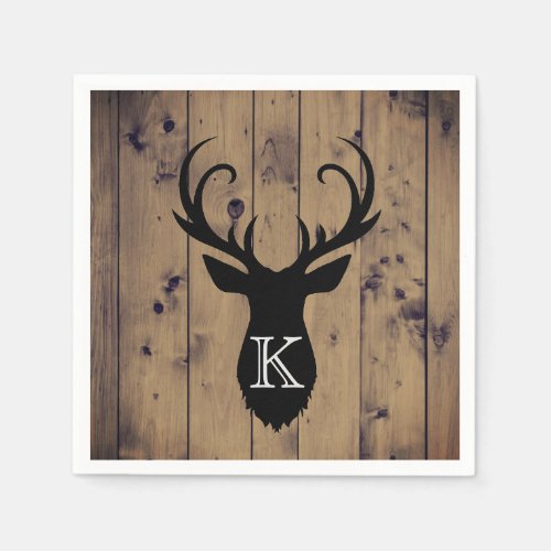 Rustic Wood Deer Antlers Monogram Paper Napkins