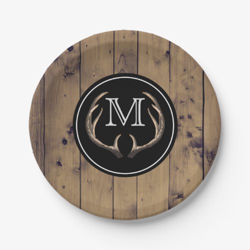 Rustic Wood Deer Antlers Monogram Paper Plates