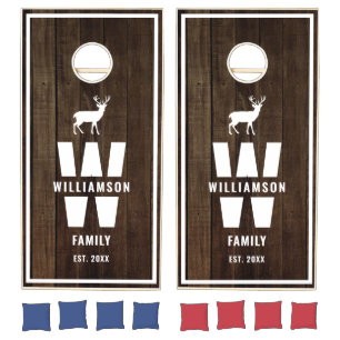 Rustic Wood Deer Camping Monogram Family Name Cornhole Set
