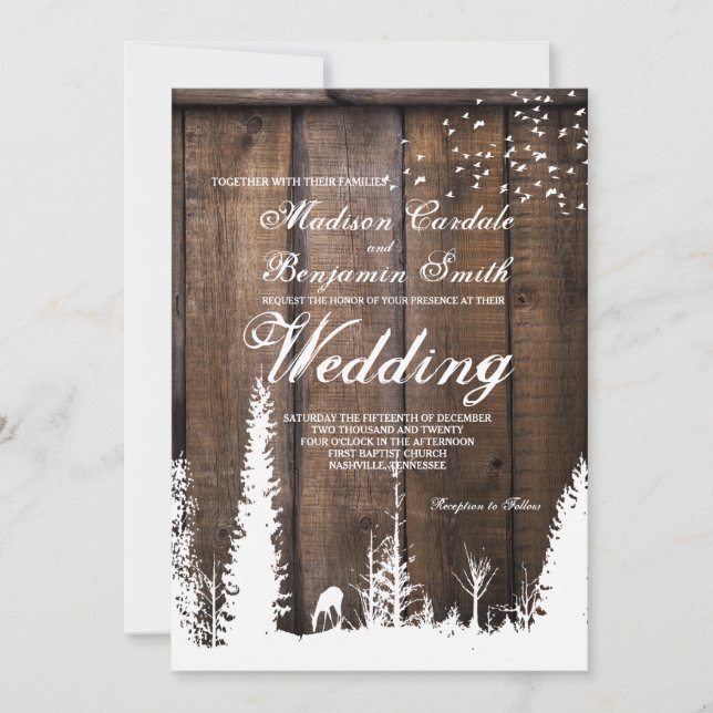Rustic Wood Deer Pine Tree Wedding Invitations (Front)