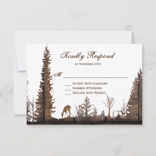 Rustic Wood Deer Pine Tree Wedding RSVP Cards (Front)