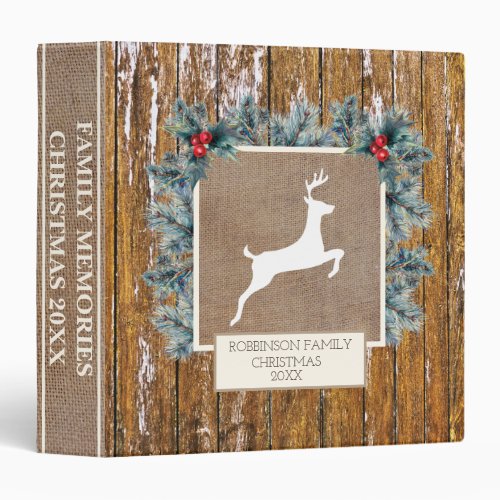 Rustic Wood Deer Silhouette Burlap Pine Greenery 3 Ring Binder