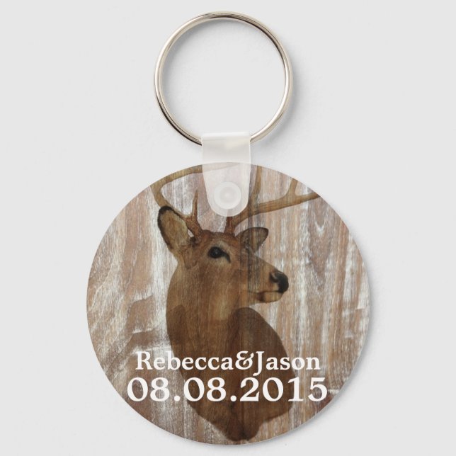 rustic wood deer the hunt is over wedding favor keychain (Front)