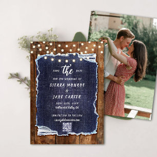 Rustic Wood Denim QR Code Photo Wedding Save Date Invitation