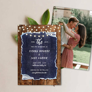 Rustic Wood Denim Writing Photo Wedding Save Date Invitation