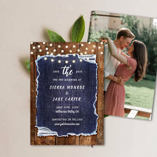 Rustic Wood Denim Writing Photo Wedding Save Date Invitation (rustic wedding save the date cowboy barn wood denim string lights ranch country western hand written)