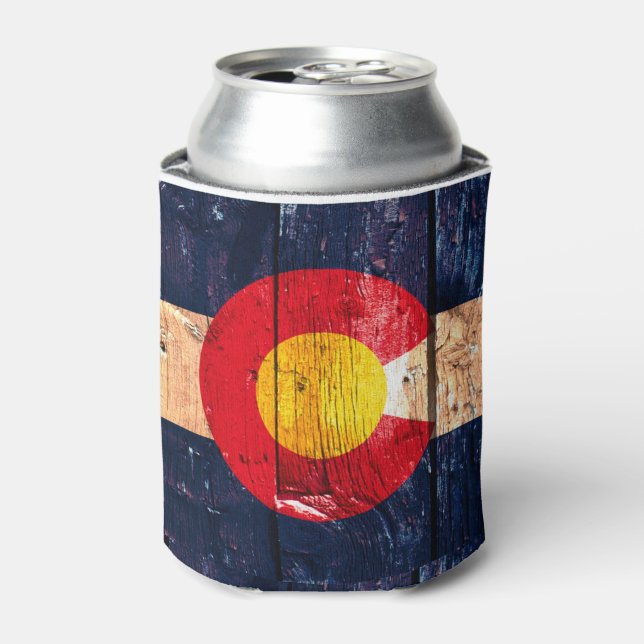 Rustic wood Denver Colorado flag can cooler (Can Front)