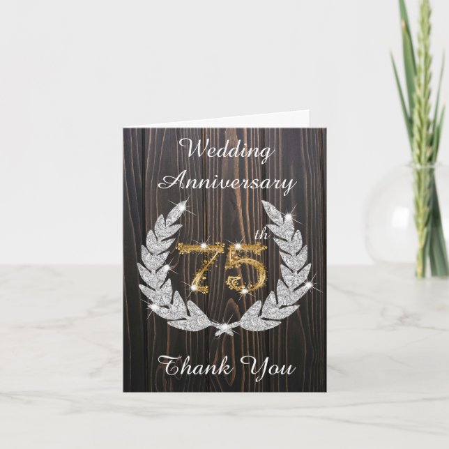 Rustic Wood Diamond Laurel 75th Anniversary Thank You Card (Front)