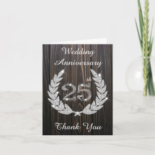 Rustic Wood Diamond Laurel Silver 25th Anniversary Letterpress Thank You Card