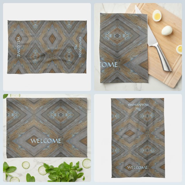 Rustic Wood Diamond Pattern Brown Blue Cabin Kitchen Towel (Creator Uploaded)