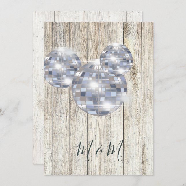 Rustic Wood Disco Silver Chic Wedding Invitation (Front/Back)
