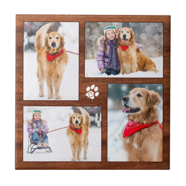 Rustic Wood Dog Lover Photo Collage Ceramic Tile (Front)