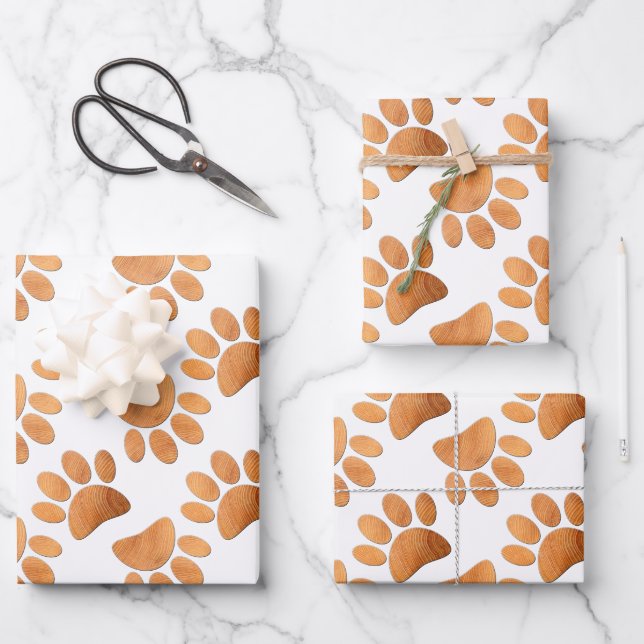 Rustic Wood Dog Pawprint Wrapping Paper Sheets (Front)