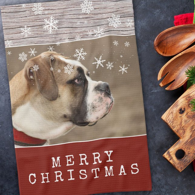 Rustic Wood Dog Pet Photo Snowflakes Christmas Kitchen Towel (Creator Uploaded)