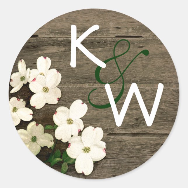 Rustic Wood & Dogwood Blooms Monogram Sticker (Front)