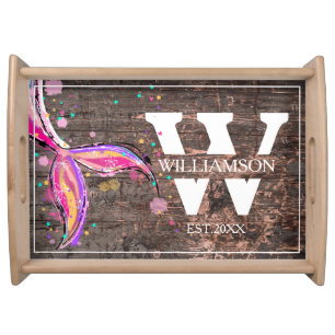 Rustic Wood Doodle Acrylic Mermaid Tail Design Serving Tray