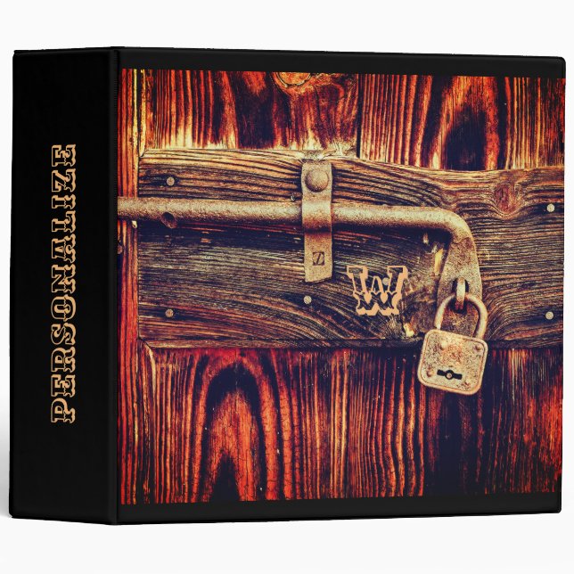 Rustic wood door with antique brass lock 3 ring binder (Front/Spine)