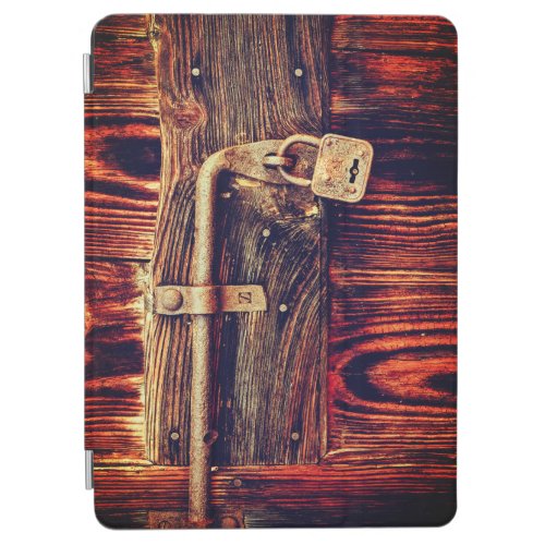 Rustic wood door with antique brass lock brown iPad air cover