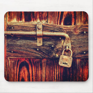 Rustic wood door with antique brass lock brown mouse pad