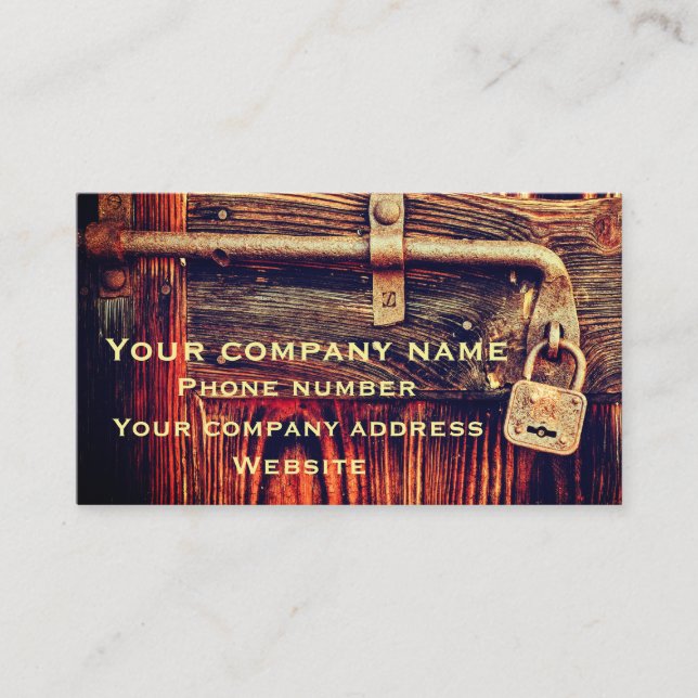 Rustic wood door with antique brass lock business card (Front)