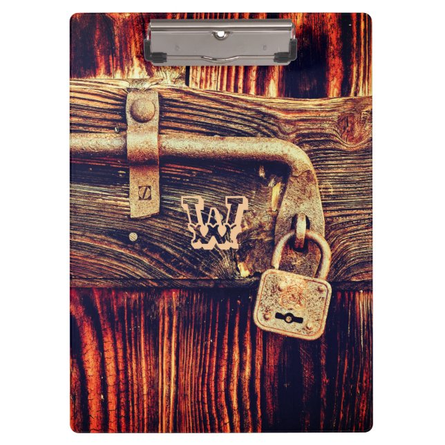 Rustic wood door with antique brass lock clipboard (Front)