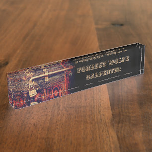 Rustic wood door with antique brass lock desk name plate