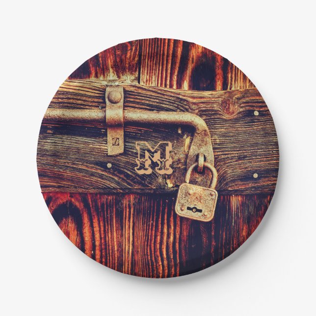 Rustic wood door with antique brass lock paper plates (Front)