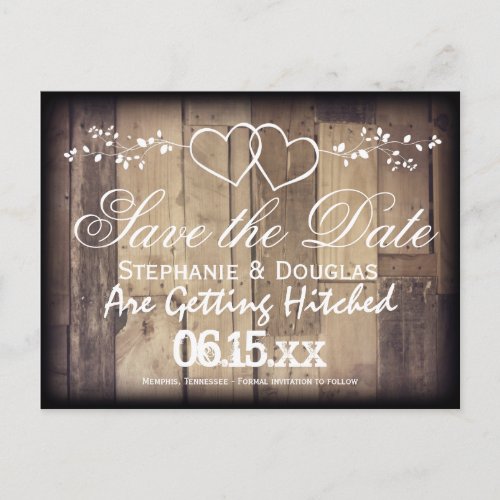 Rustic Wood Double Hearts Save the Date Postcards