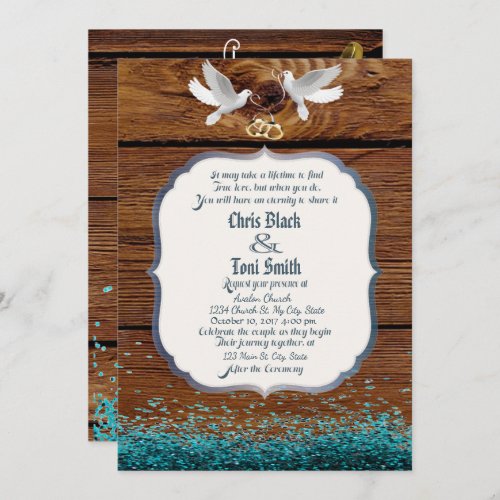 Rustic Wood  Doves Wedding Invite w glitter