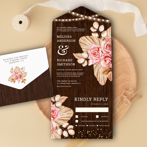 Rustic Wood Dried Palm Earthy Peach Rose Wedding All In One Invitation