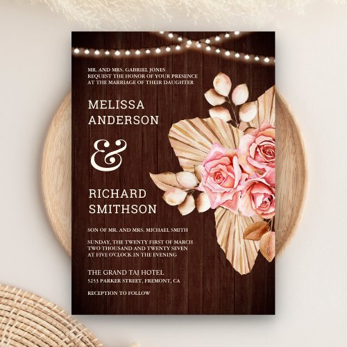 Rustic Wood Dried Palm Earthy Peach Rose Wedding Invitation