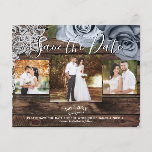 Rustic Wood Dusty Blue Roses Photo Save the Date