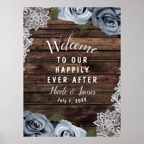 Rustic Wood Dusty Blue Roses Photo Wedding Welcome Poster