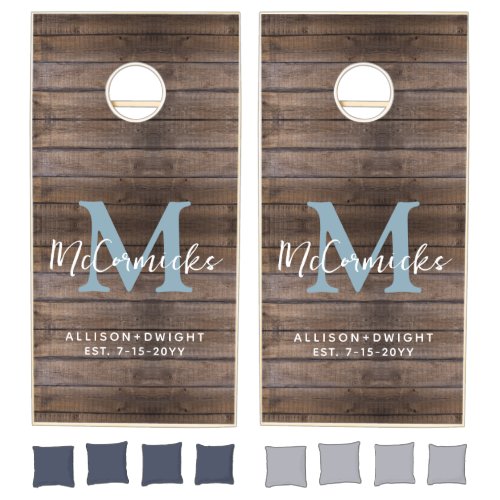 Rustic Wood Dusty Blue Wedding Bride Groom Names Cornhole Set