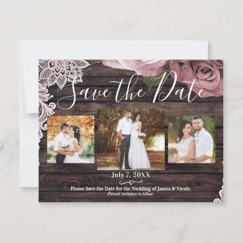 Rustic Wood Dusty Pink Roses Photo Save the Date