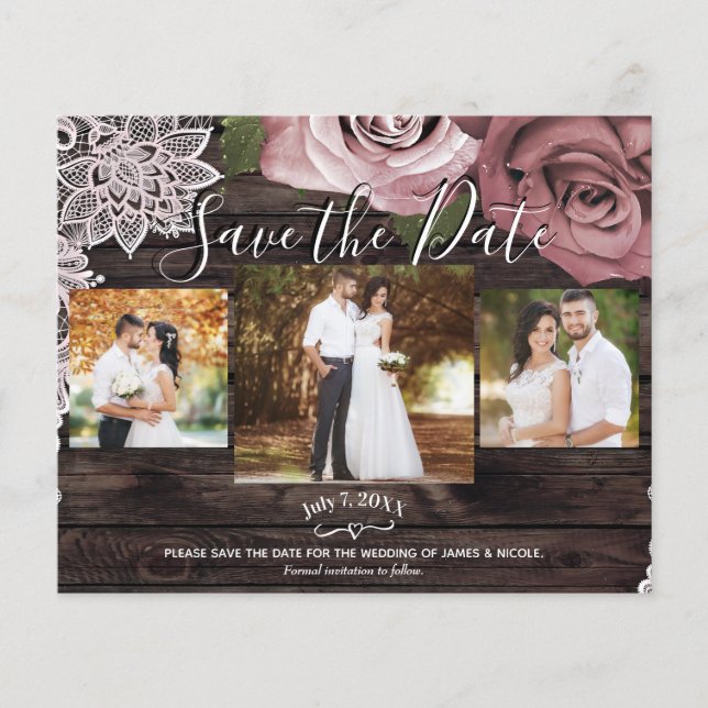 Rustic Wood Dusty Pink Roses Photo Save the Date (Front)